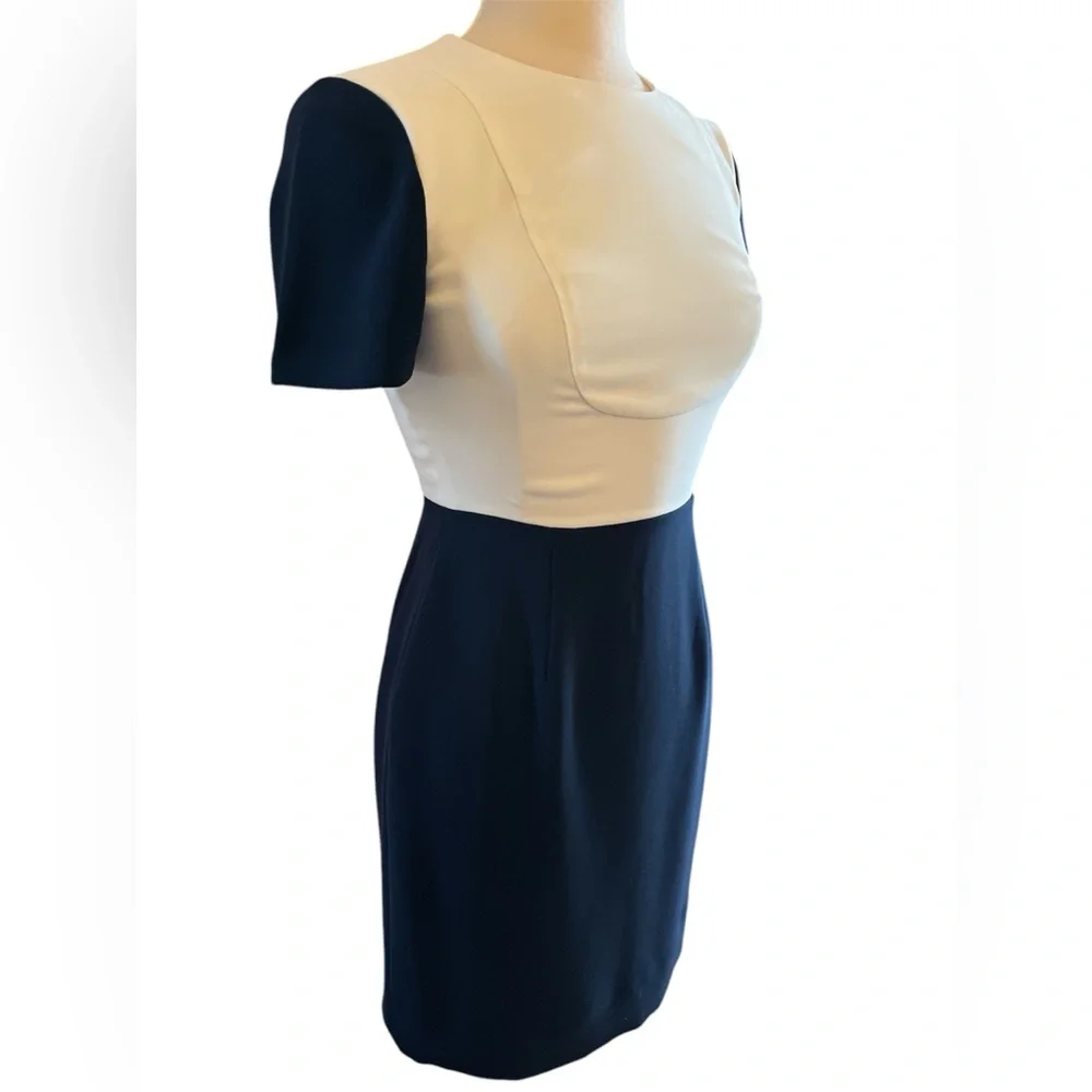 J. Crew Blue and Cream Sheath midi Dress Short Sleeve Crew Neck Size 2